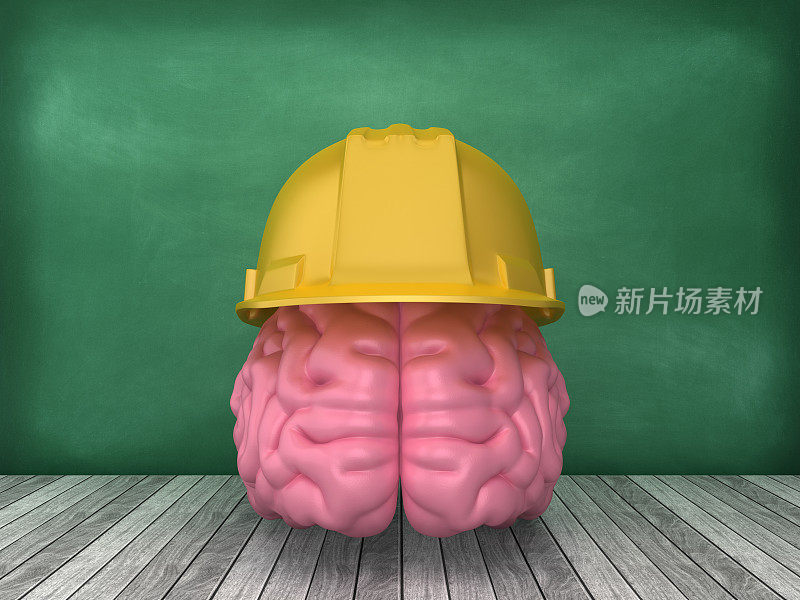 人类大脑与建设头盔在黑板背景- 3D渲染
